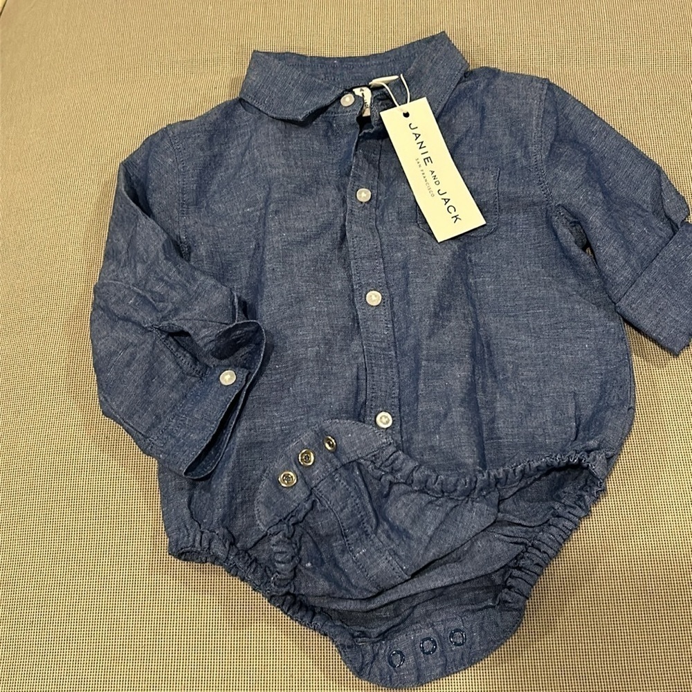 Janie and Jack Denim Blue Chambray One Piece Button Down Shirt Size 12-18 Months - Picture 4 of 10